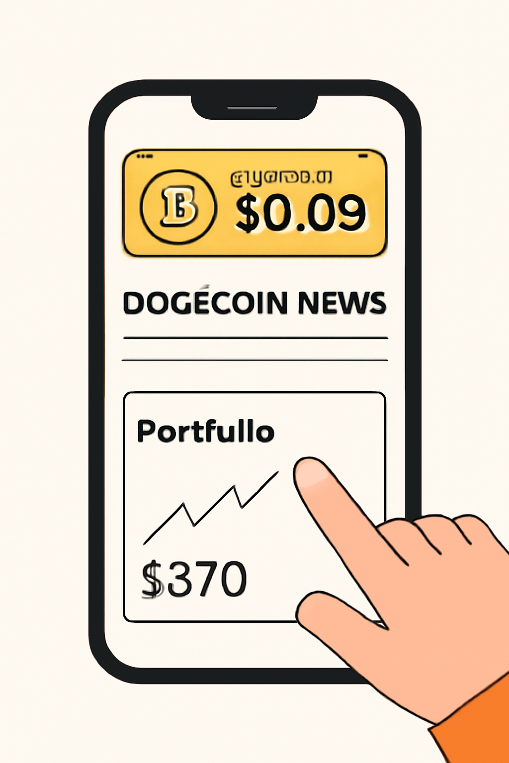 a smartphone displaying Dogecoin price alerts, news headlines, and a user checking their portfolio