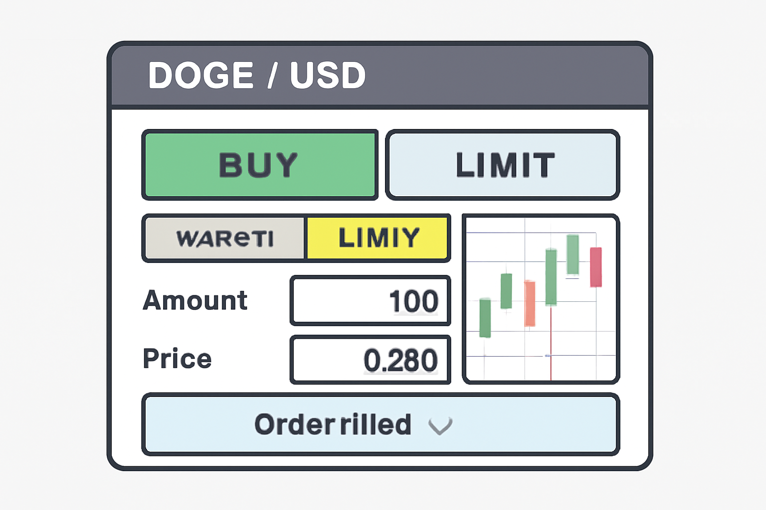 a user interface showing a crypto trading screen with DOGE/USD, buy and limit order options highlighted, and a filled order confirmation