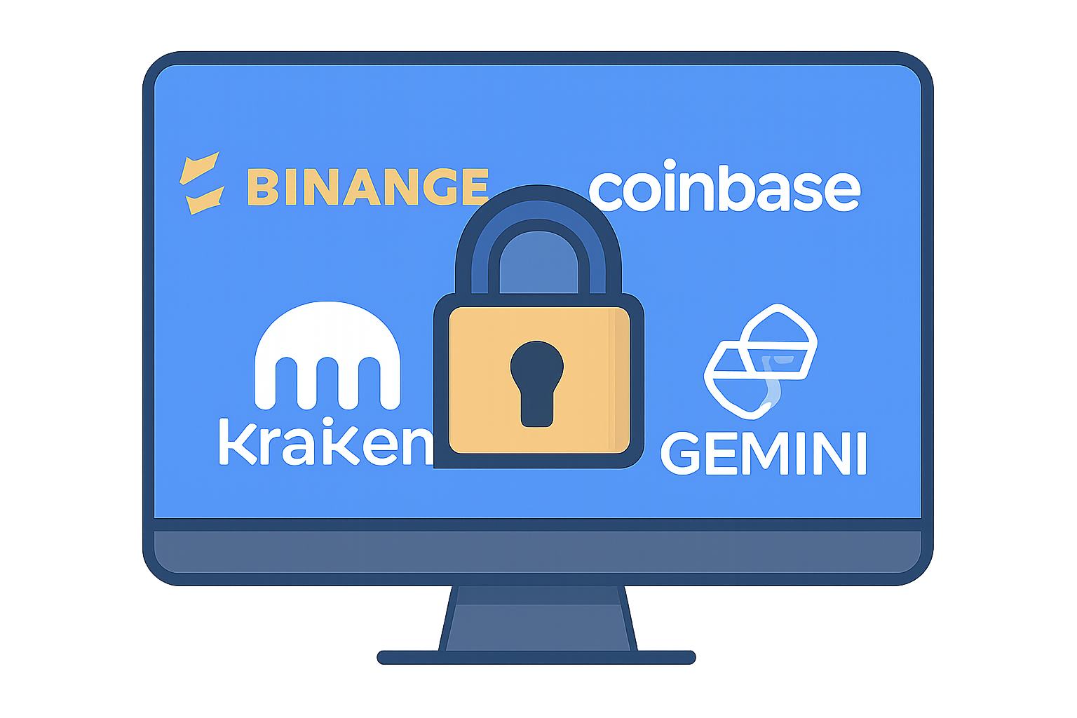 a computer screen displaying the logos of major cryptocurrency exchanges like Binance, Coinbase, Kraken, and Gemini, with a secure lock icon overlay