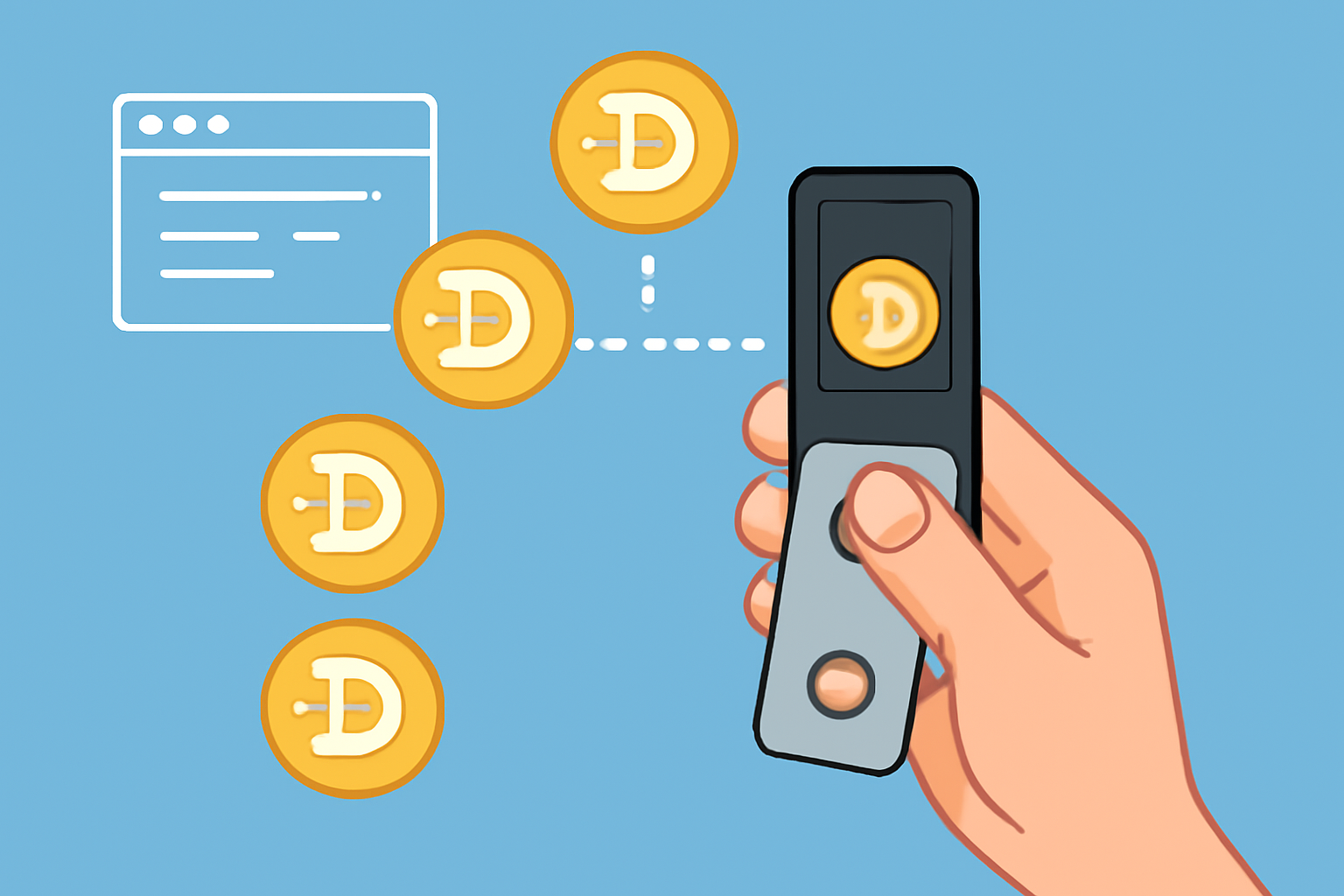 a hand holding a hardware wallet with a Dogecoin logo, digital coins transferring from an exchange to the wallet