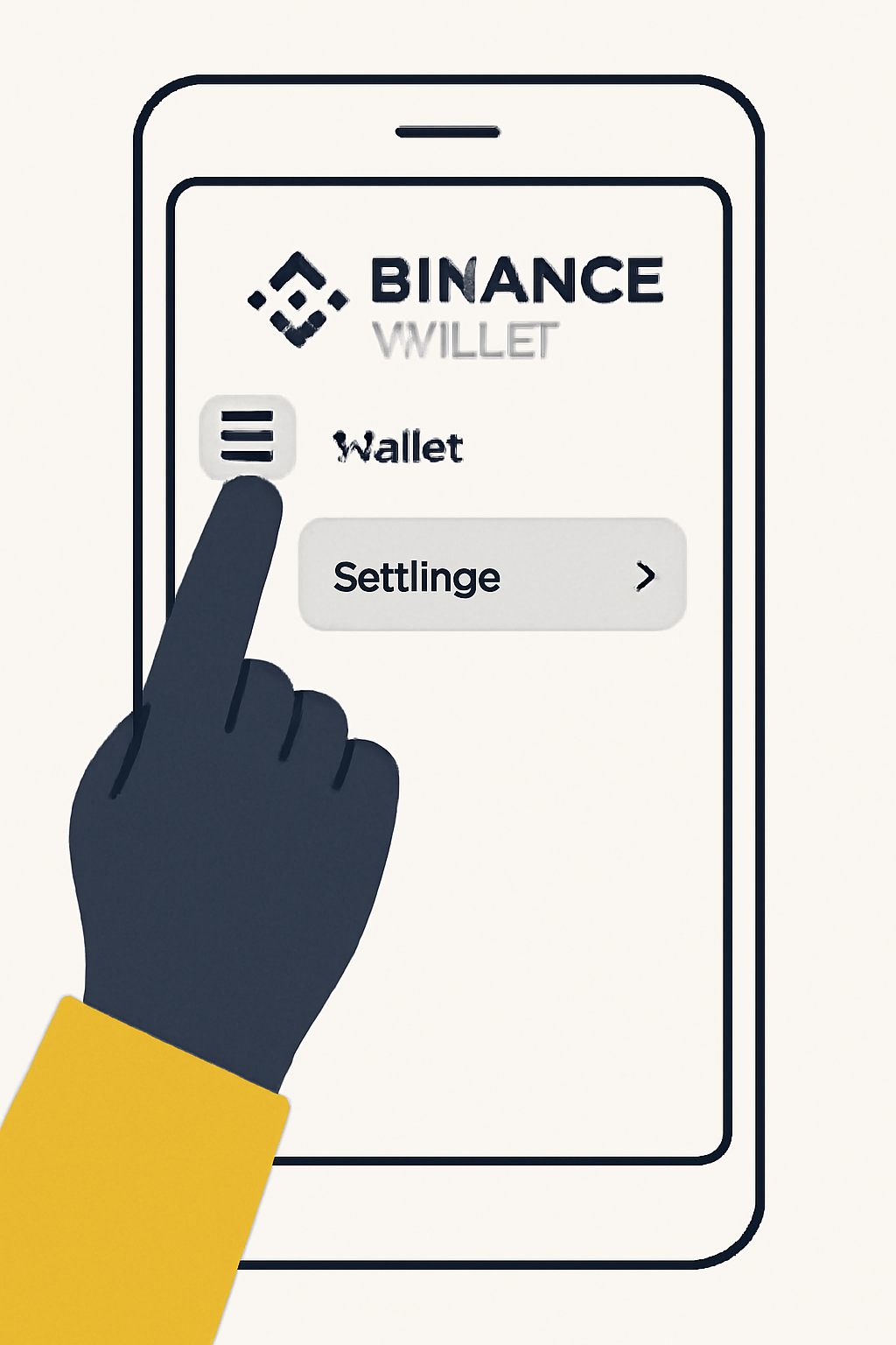 A user tapping the menu icon on the Binance Wallet app, navigating to 'Settings', clean interface