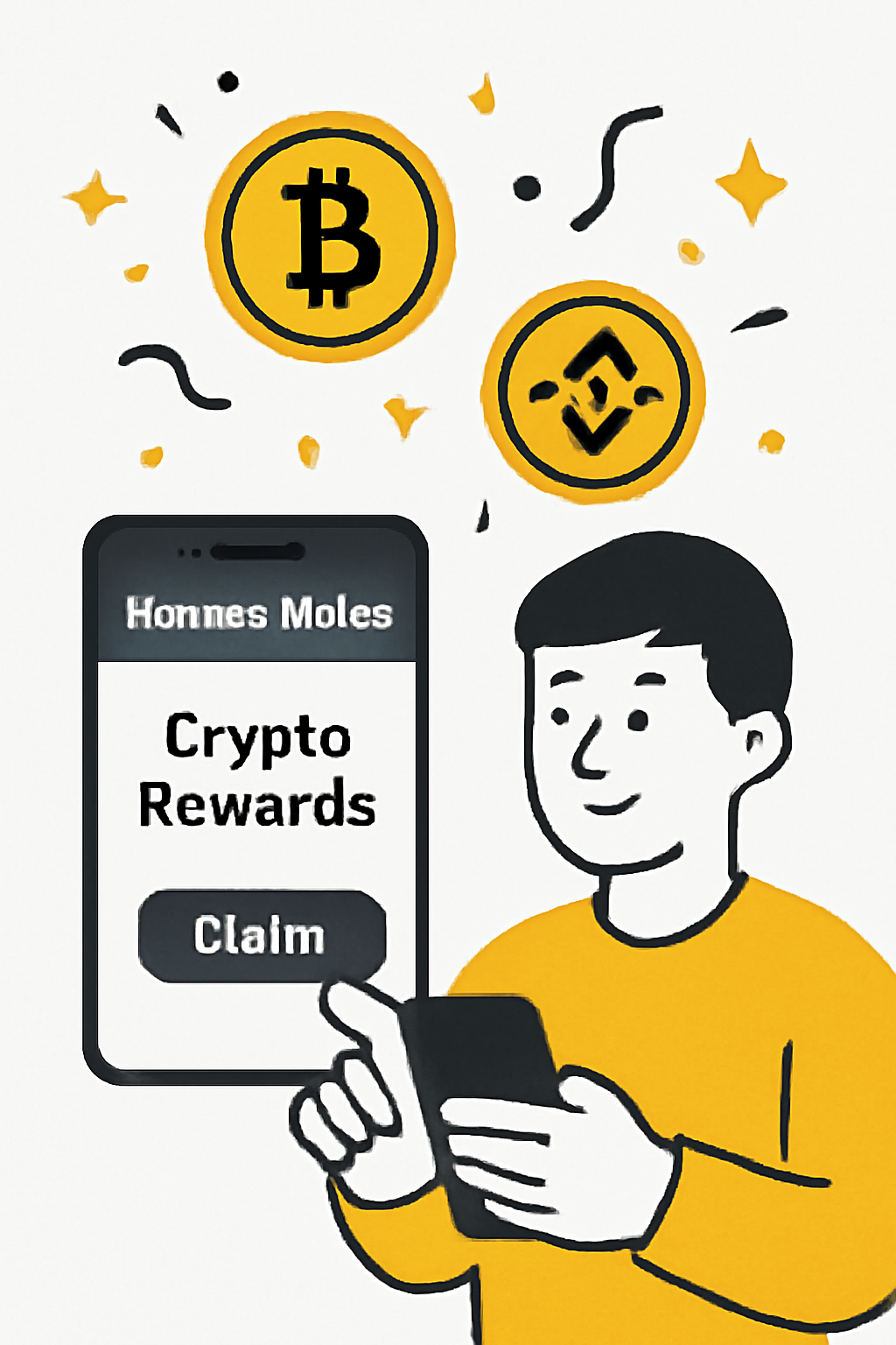A user claiming crypto rewards in the Binance Wallet app, with a celebratory animation and reward icons.