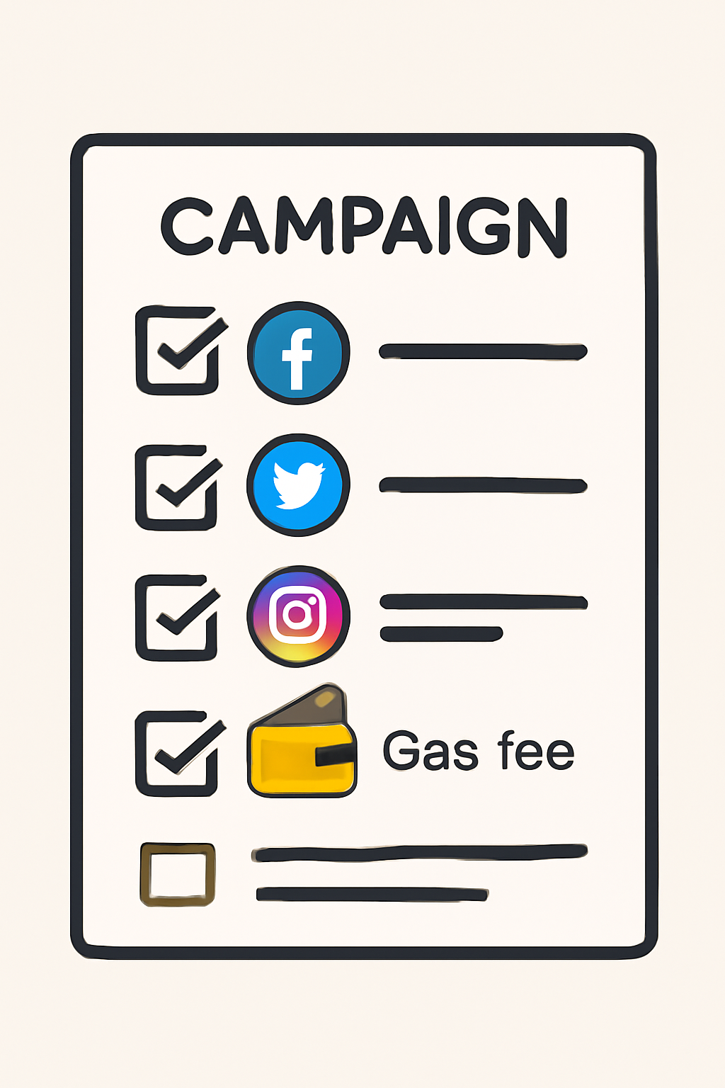 A checklist of campaign tasks with checkmarks, including social media icons and a wallet transaction for gas fee.