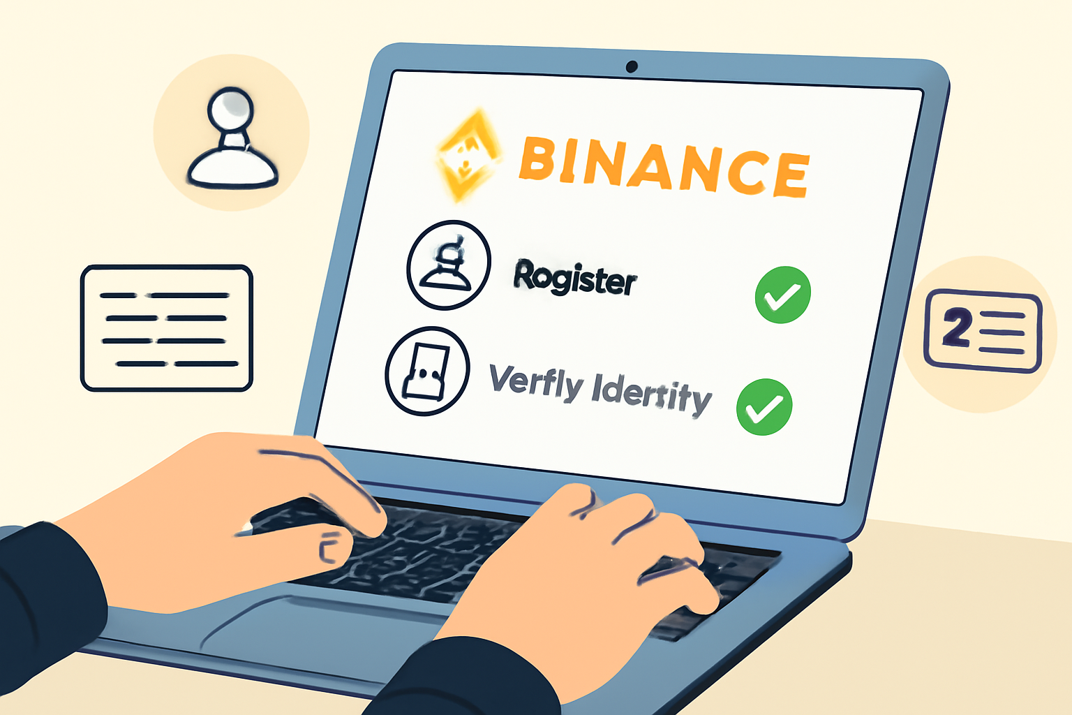 A user registering and verifying their identity on the Binance platform, showing a laptop screen with Binance logo and verification steps.