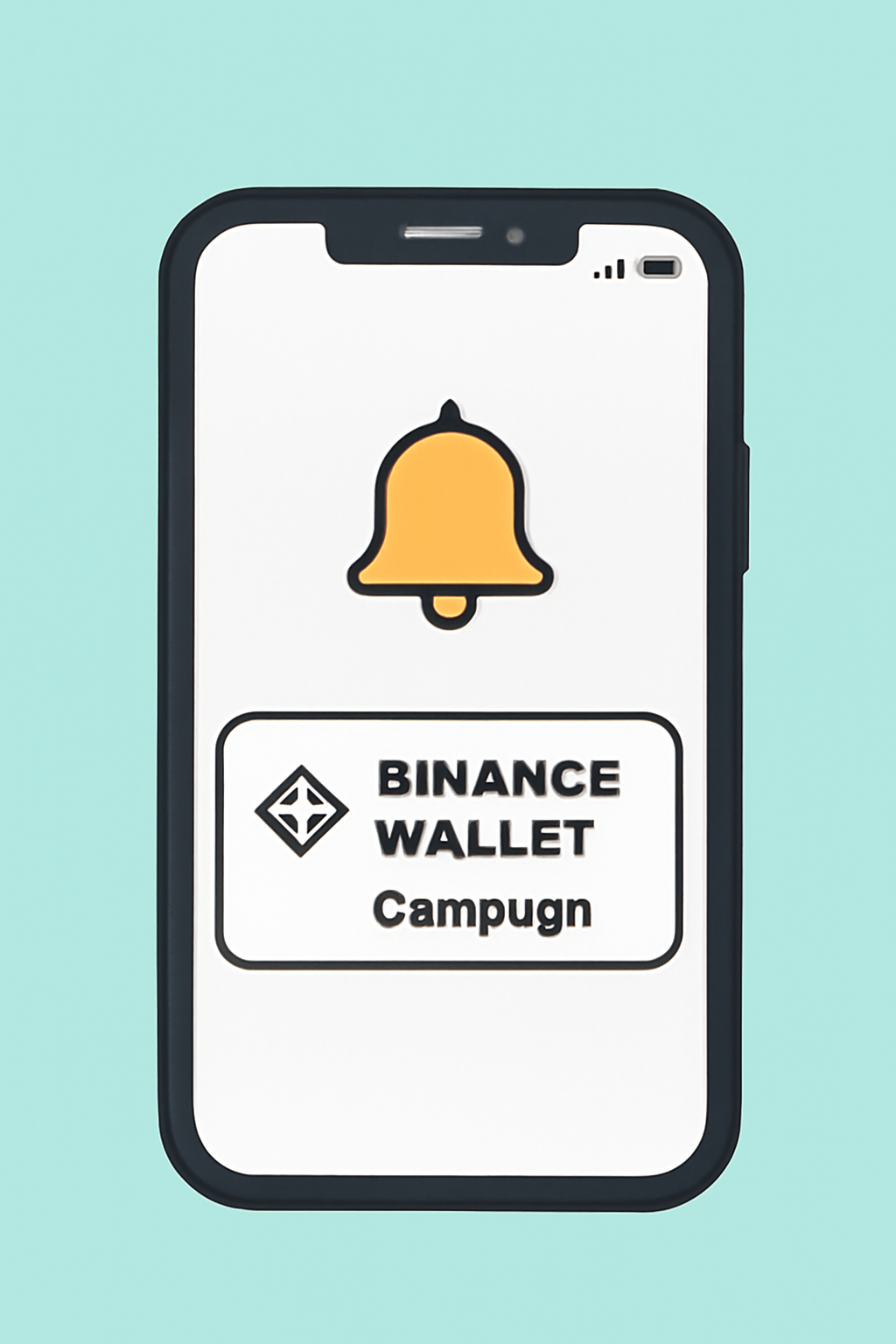 A mobile phone with Binance Wallet app notifications enabled, showing a bell icon and campaign alerts.