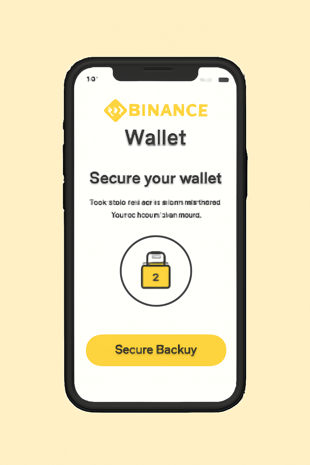 A smartphone displaying the Binance Wallet app setup screen, with a secure backup prompt and Binance branding.