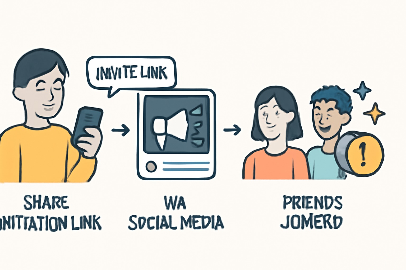 A person sharing an invitation link via social media, with friends joining and points being awarded.