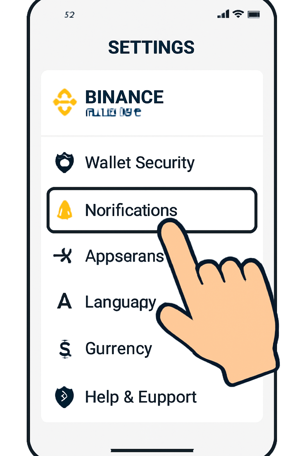 A settings screen in Binance Wallet app, highlighting the 'Notifications' option, finger pointing at it