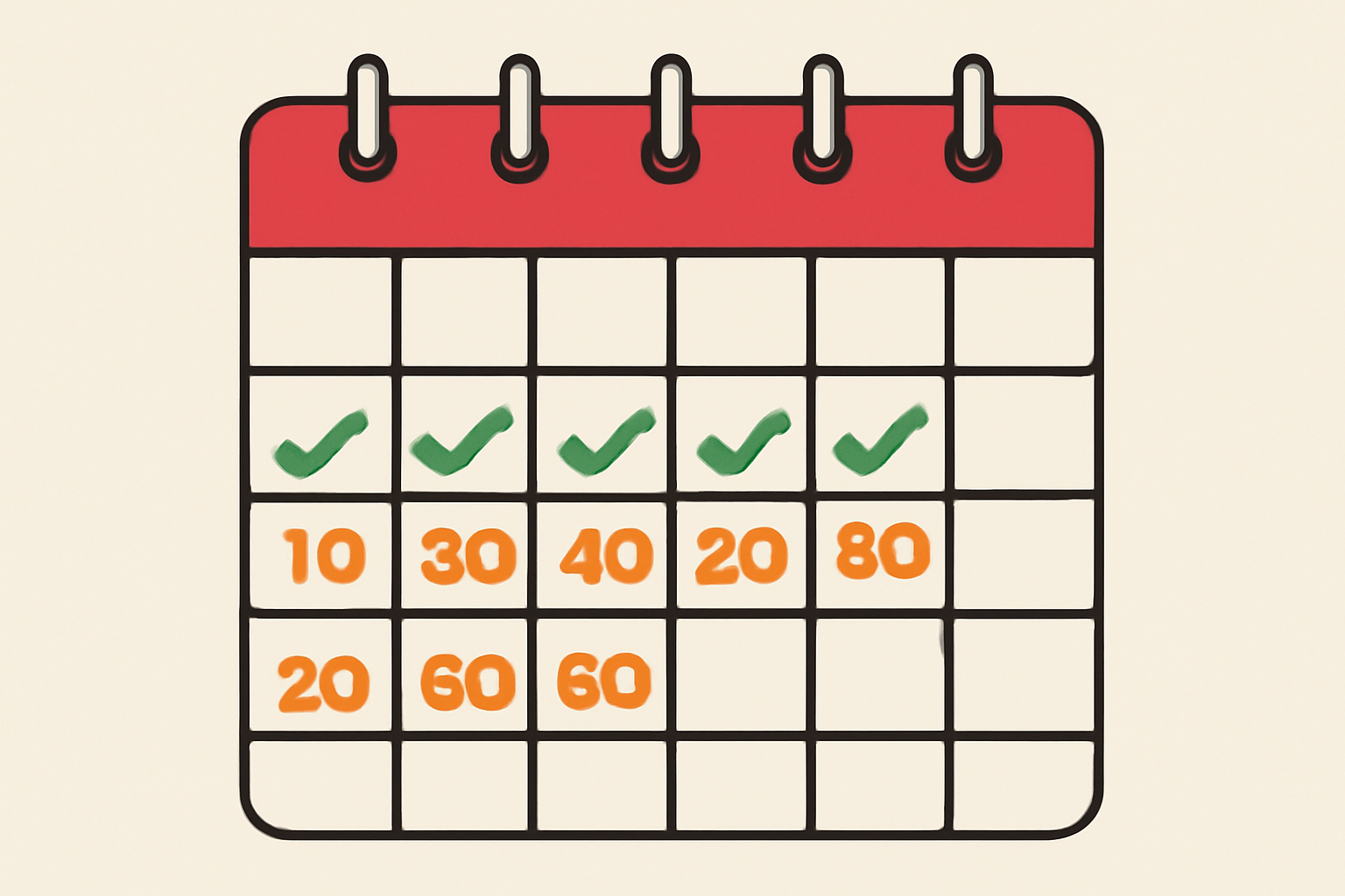 A calendar with consecutive days checked off, and increasing point values shown per day.