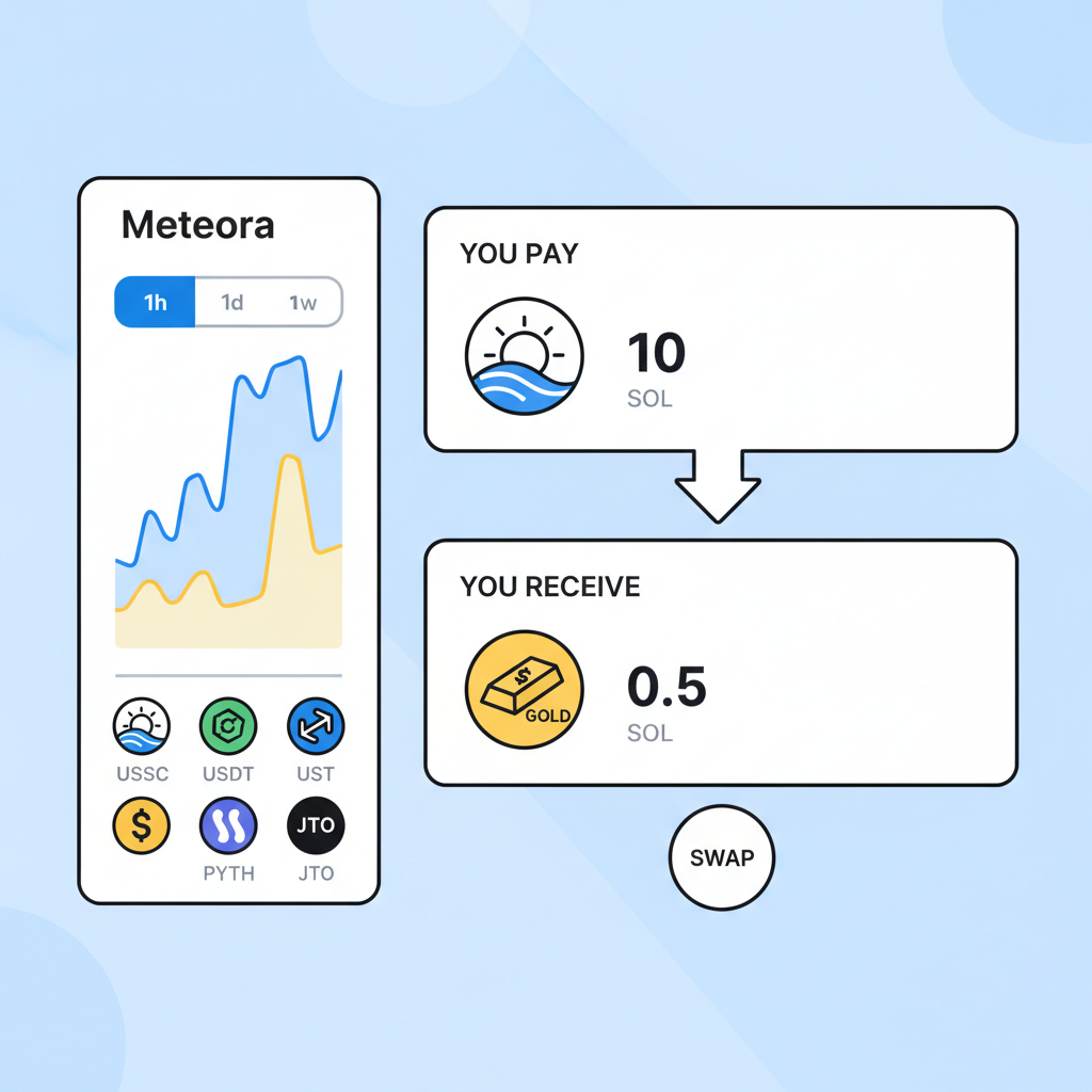 Meteora DEX swap interface buying $GOLD with SOL, charts and tokens visible
