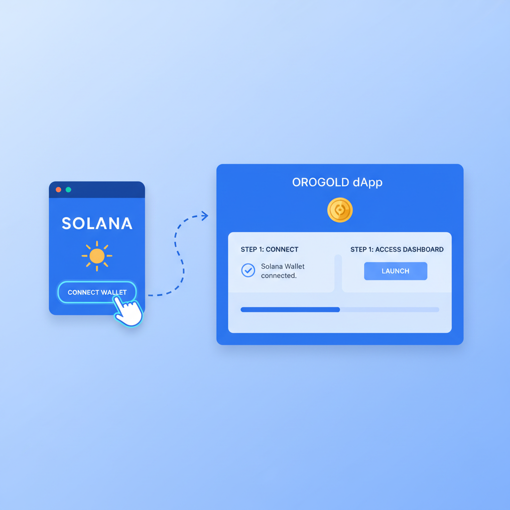 Solana wallet connecting to OroGold dApp interface, clean UI, blue tones