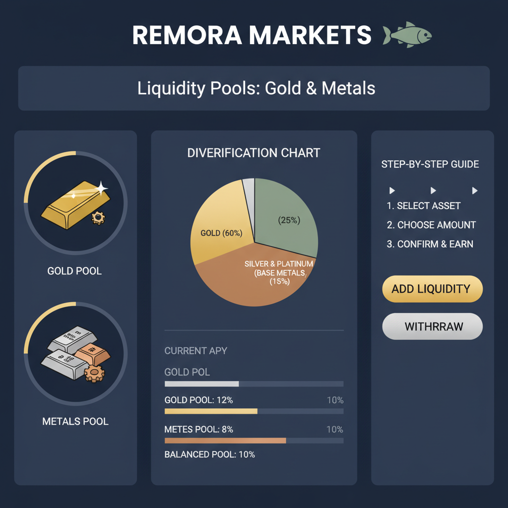 RemoraMarkets liquidity pools interface, gold and metals icons, diversification chart