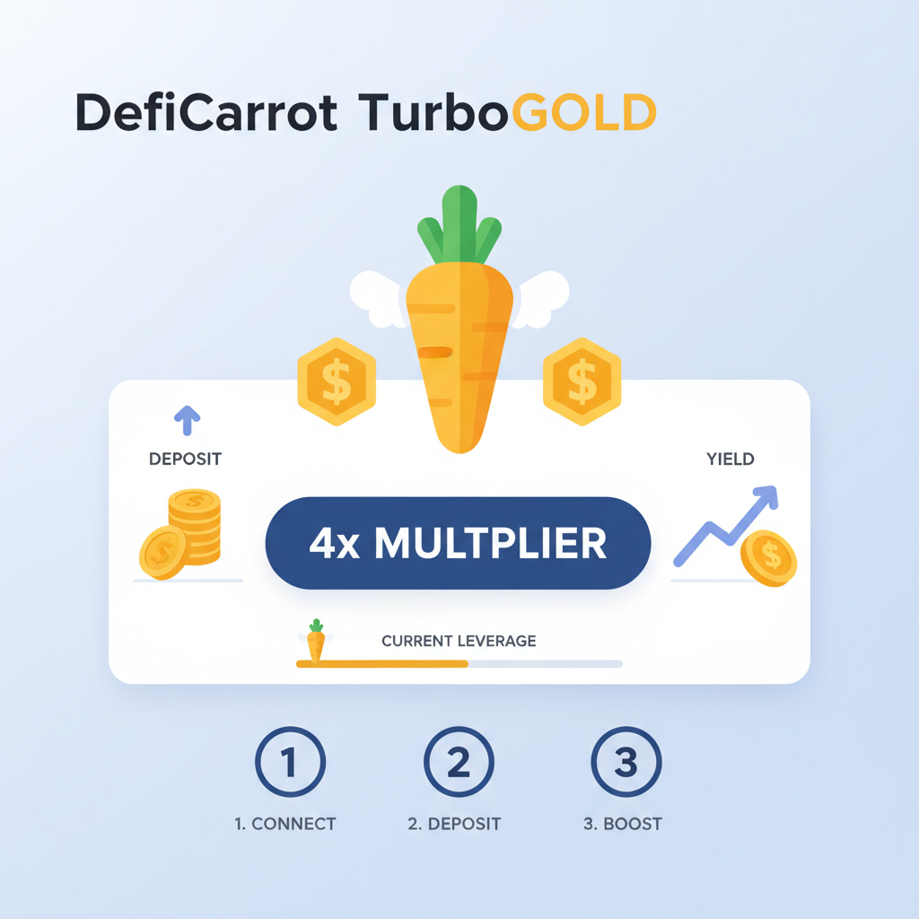 DeFiCarrot TurboGOLD leverage dashboard, 4x multiplier, gold token graphics