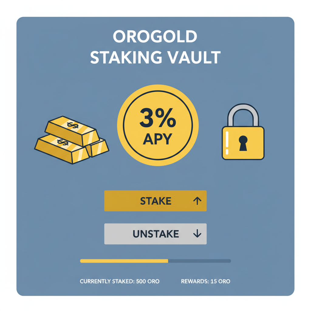 OroGold staking vault interface showing 3% APY, gold bars and lock icon