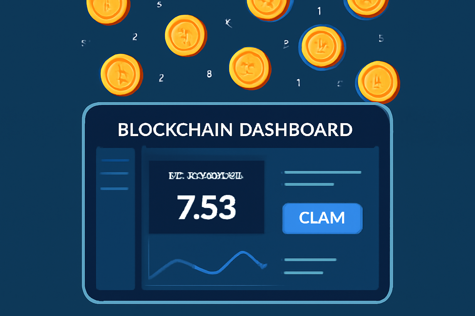 blockchain dashboard claiming B3 crypto rewards, shiny tokens raining, futuristic UI