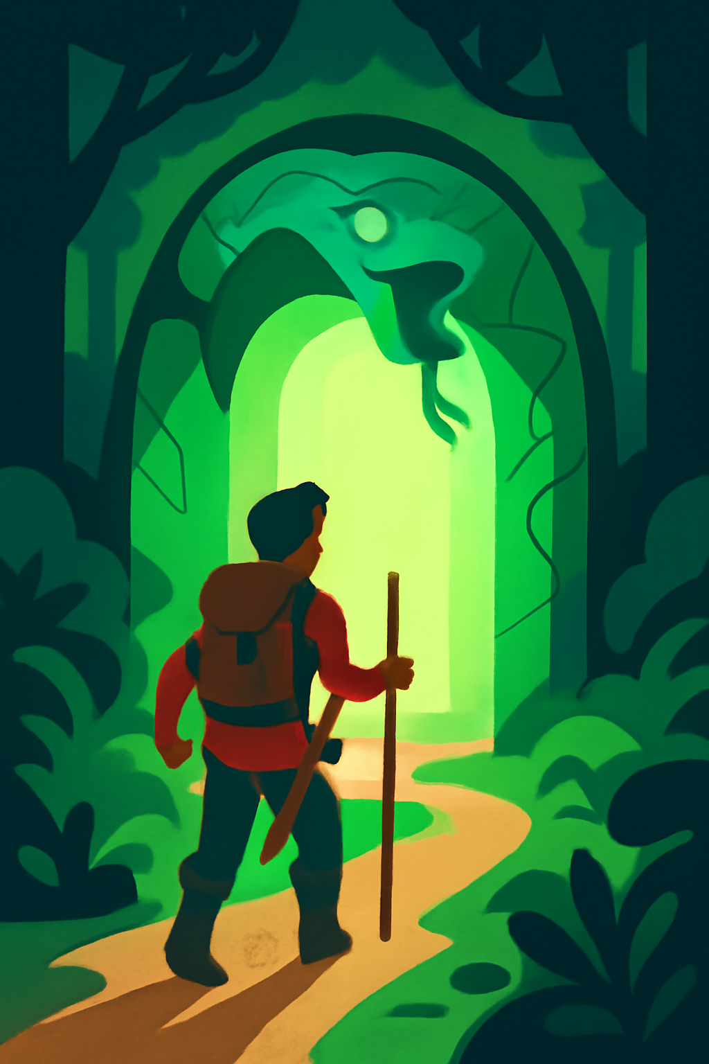 hero entering glowing emerald serpent forest door, adventurous fantasy scene