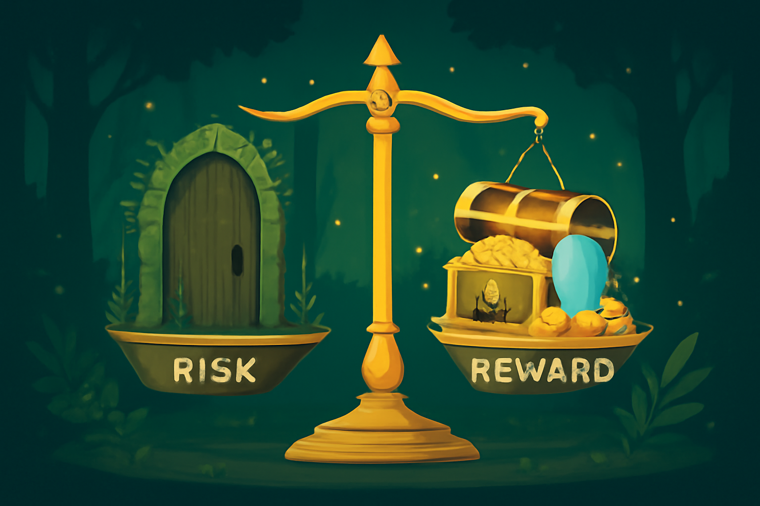 risk reward balance scale with forest doors and treasures, glowing fantasy art