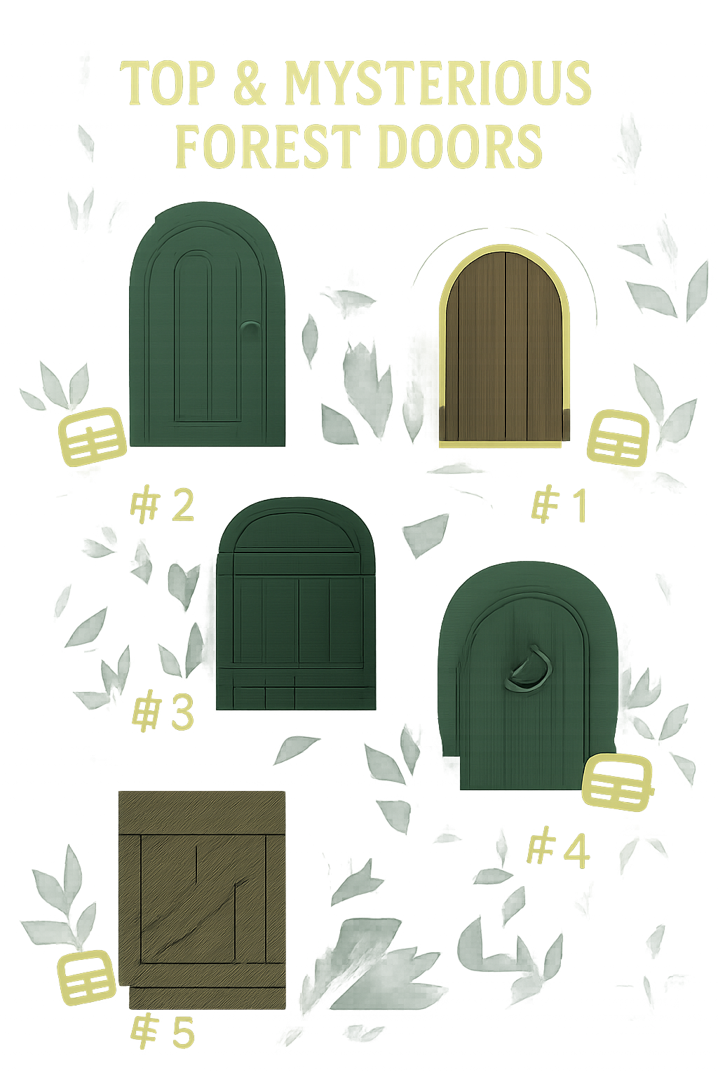 top 5 ranked mysterious forest doors in forest, glowing labels, treasure icons