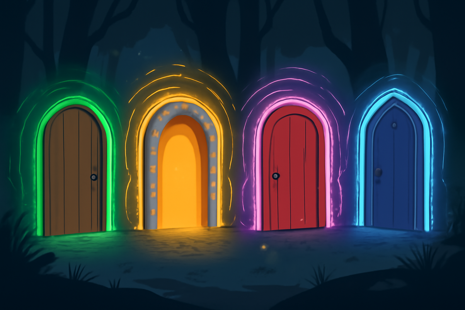 fantasy forest doors glowing with colorful auras, mystical scan effect, dark woods background