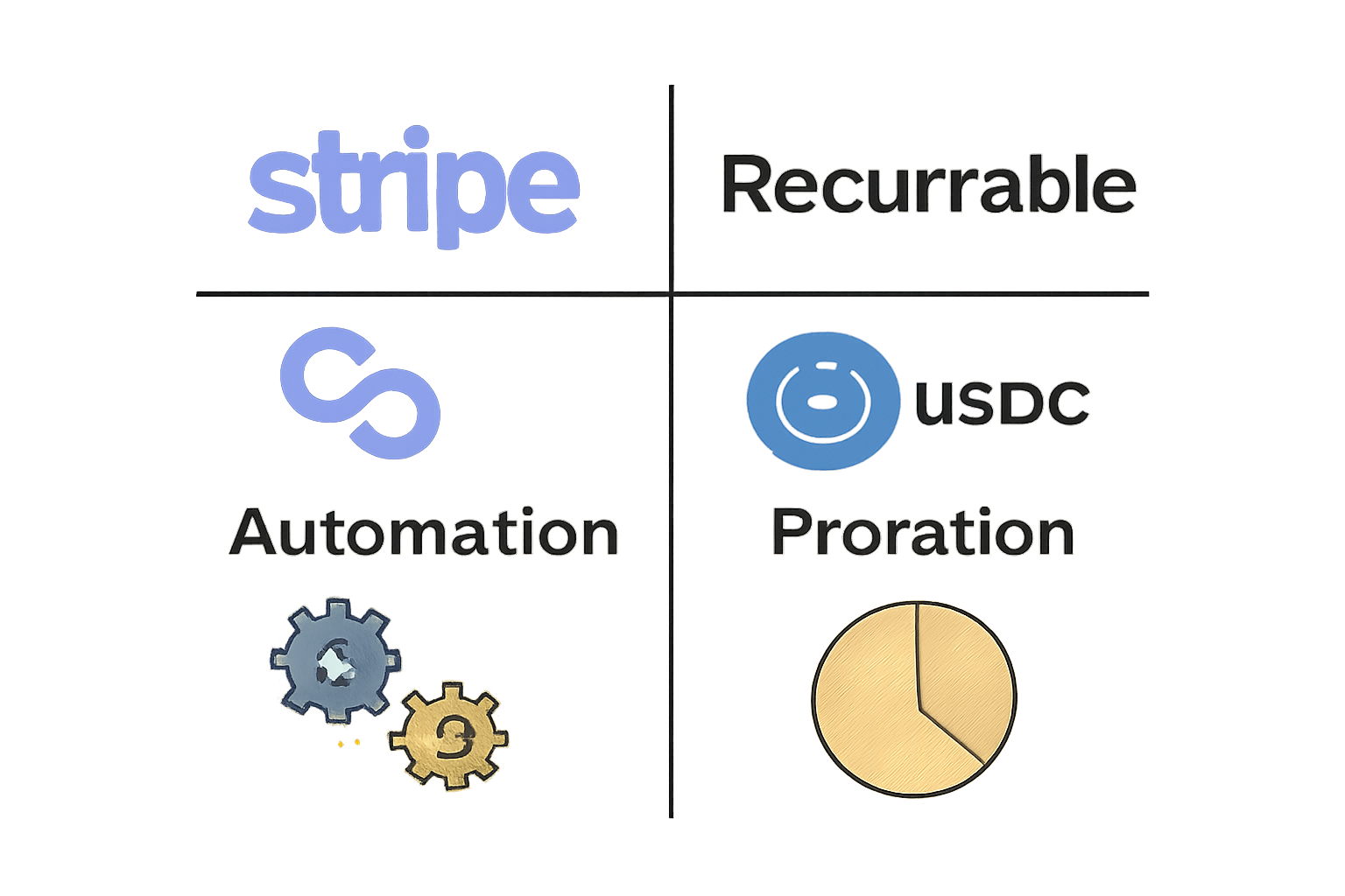 A comparison chart showing Stripe and Recurrable logos with Polygon network symbol and USDC coin, highlighting automation and proration features