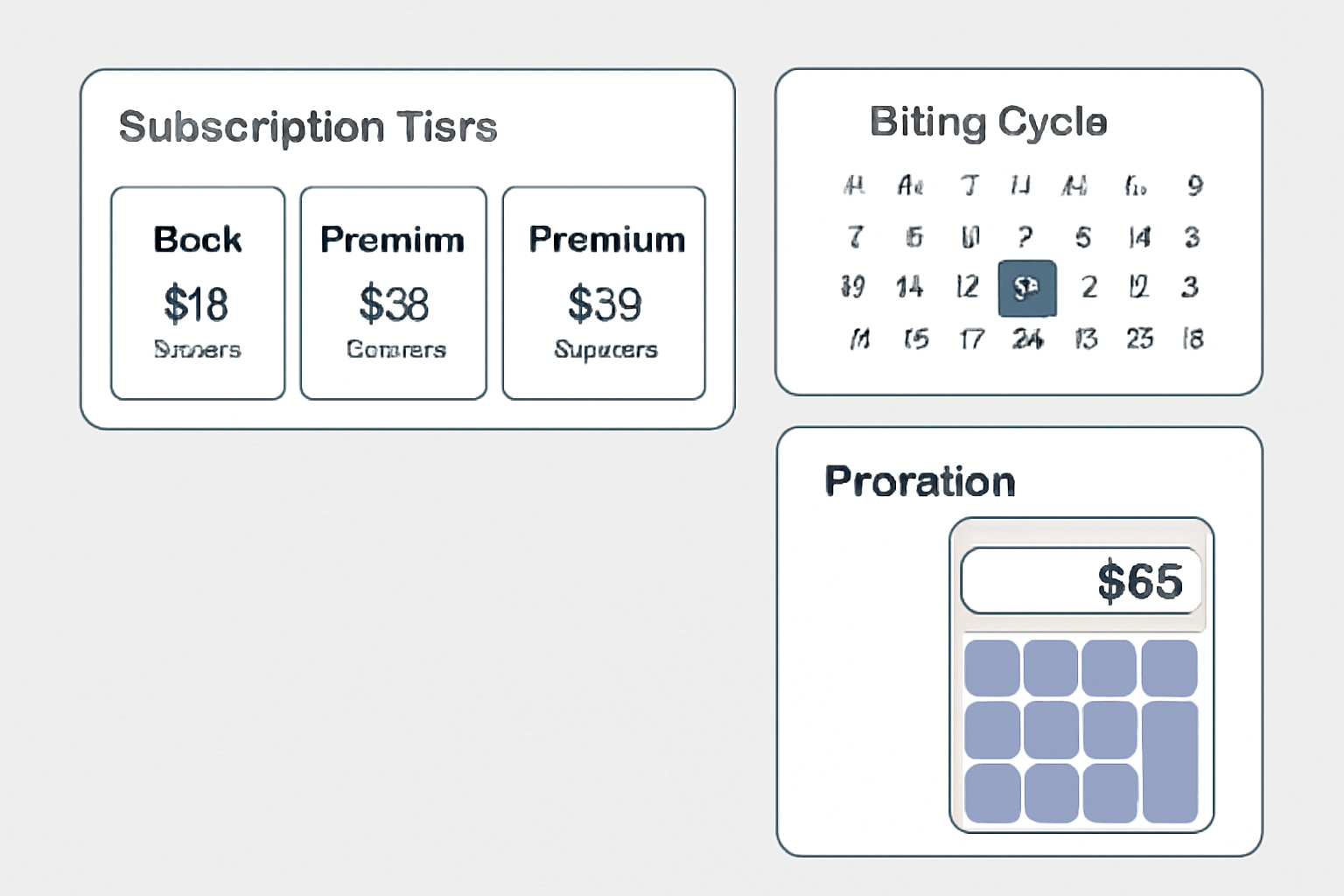 A dashboard displaying multiple subscription tiers, a calendar for billing cycles, and a calculator indicating proration for partial periods