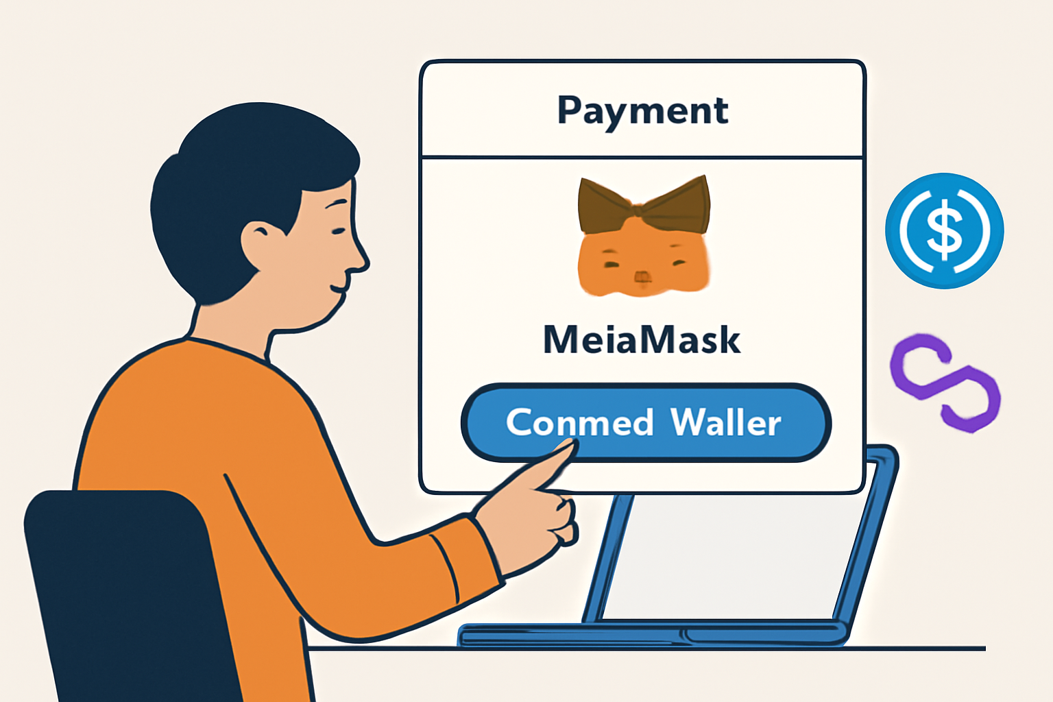 A user connecting their MetaMask wallet to a payment portal, with USDC and Polygon symbols visible