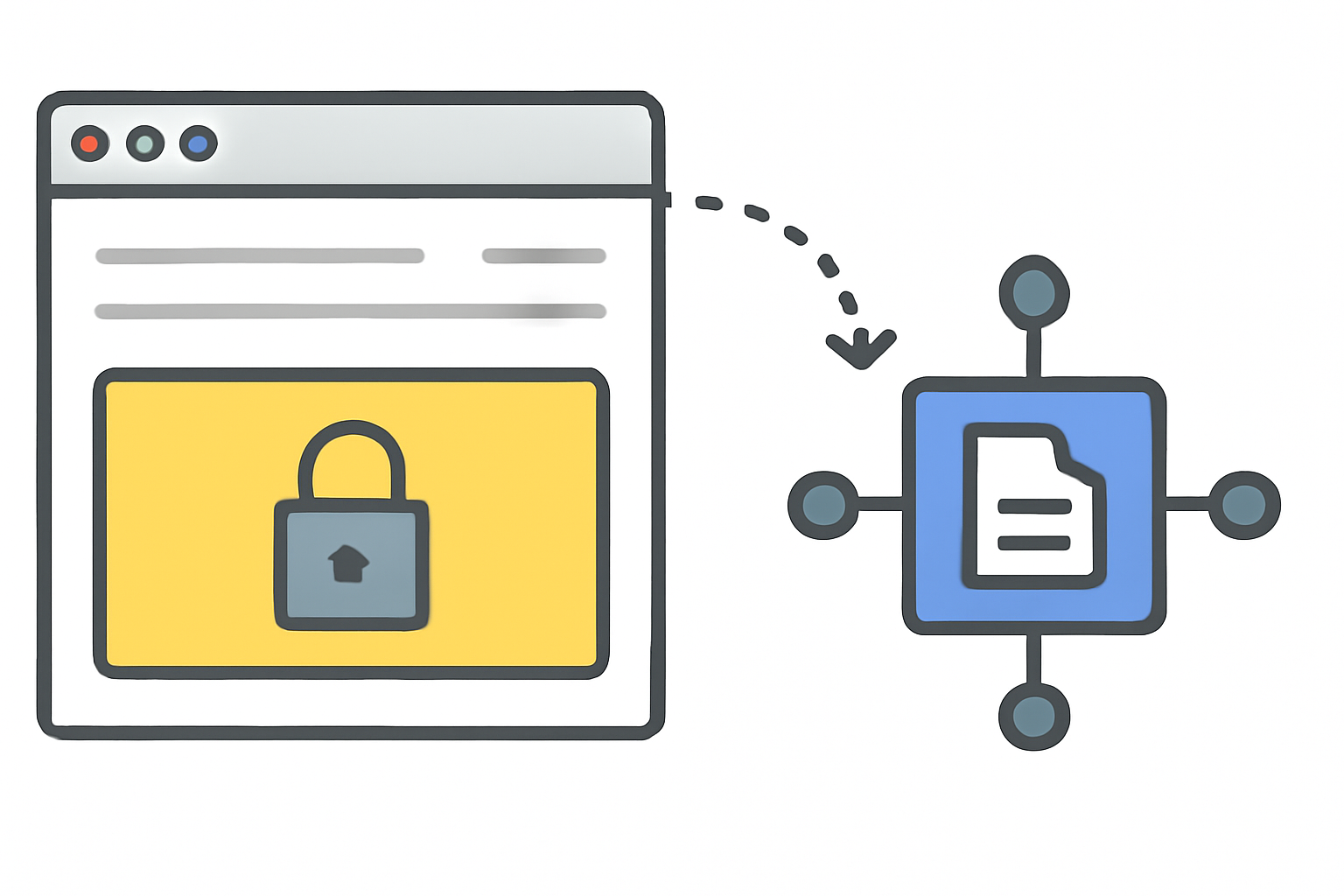 A web application interface with a lock symbol over premium content, connected to a blockchain smart contract icon