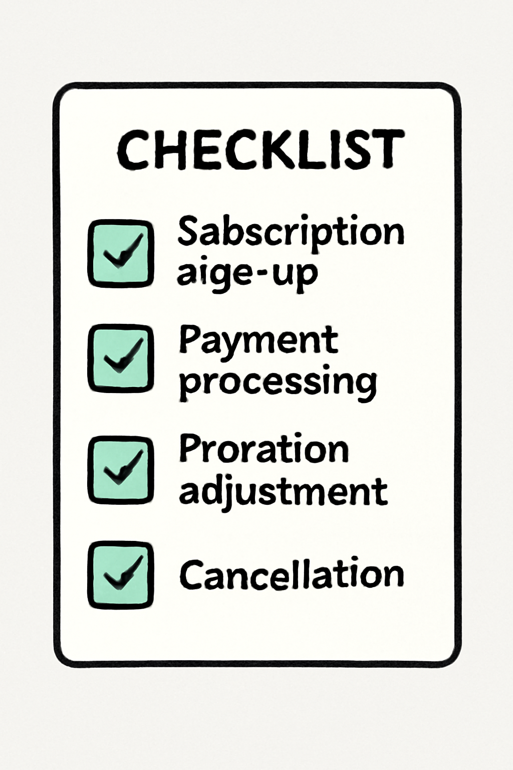 A checklist with test cases being marked complete, showing a flow from subscription sign-up to proration adjustment and cancellation