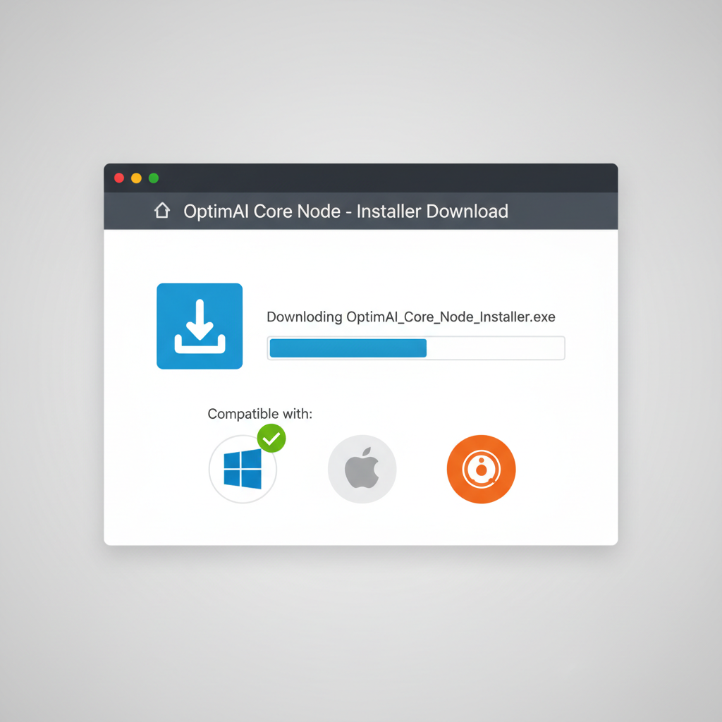 browser window downloading OptimAI Core Node installer file, platform icons for Windows Mac Ubuntu, download progress bar