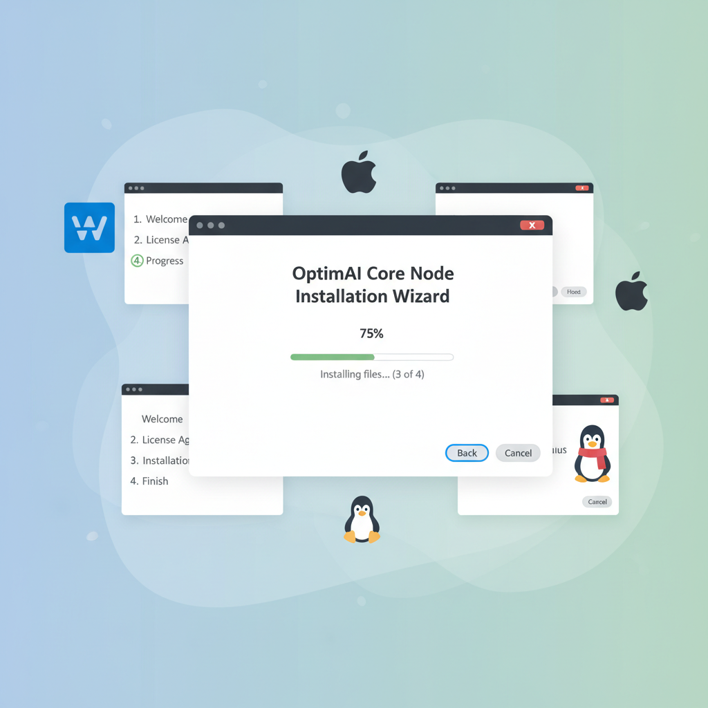 installation wizard window for OptimAI Core Node on multi-OS screens, progress bar advancing, simple UI