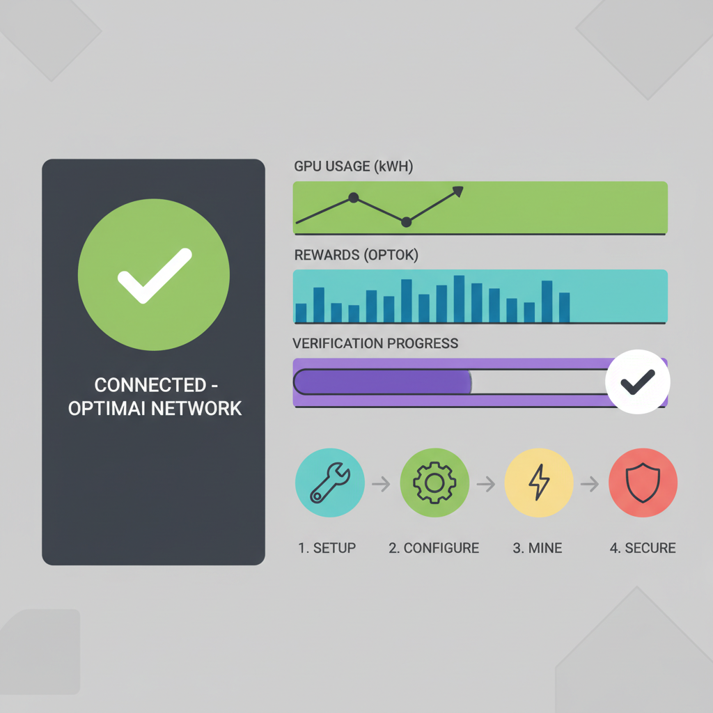 OptimAI dashboard showing connected green status, metrics graphs for GPU usage rewards, verification checkmark