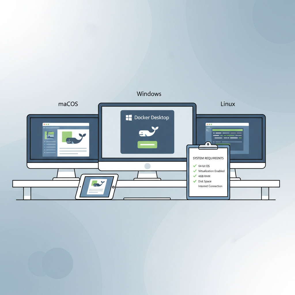 clean modern desktop with Docker Desktop running on Windows Mac Linux screens, system requirements checklist, tech setup vibe