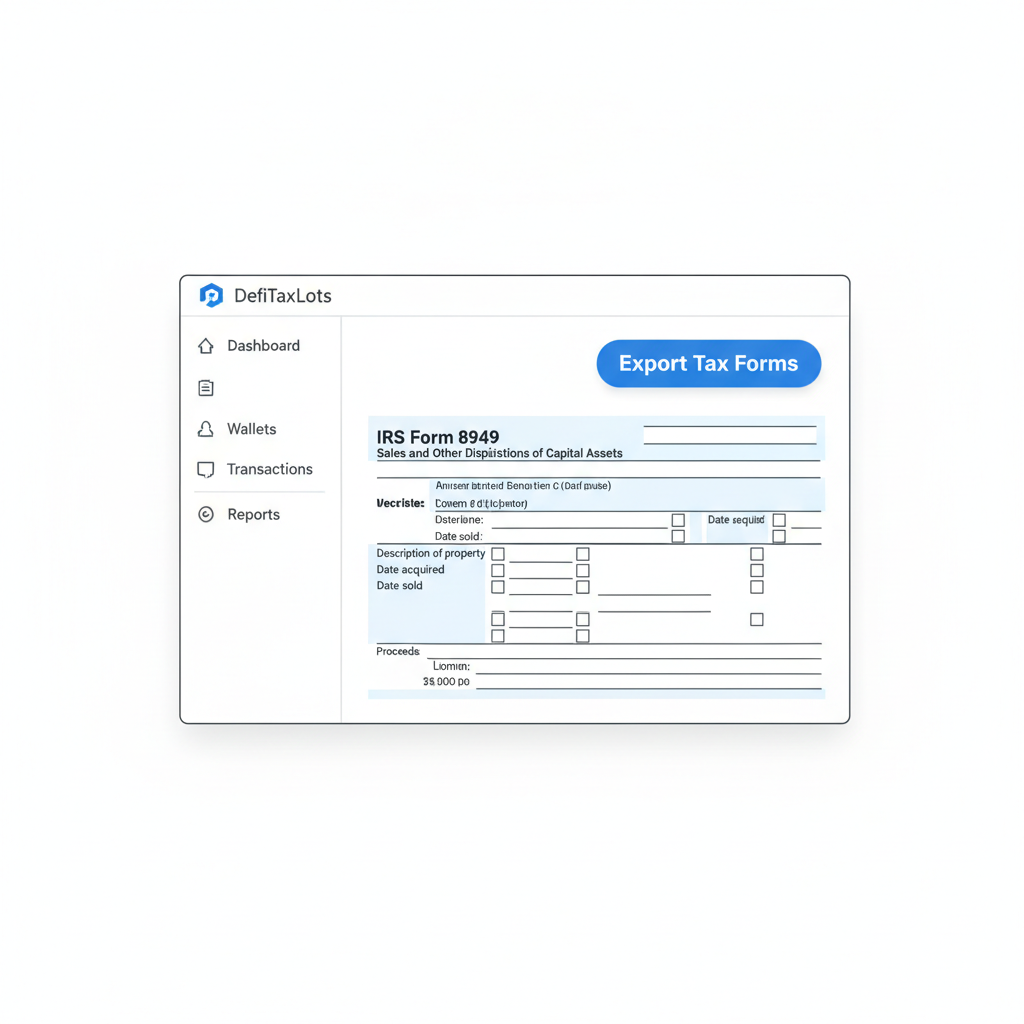 export tax forms button on DefiTaxLots, IRS Form 8949 preview, professional document style