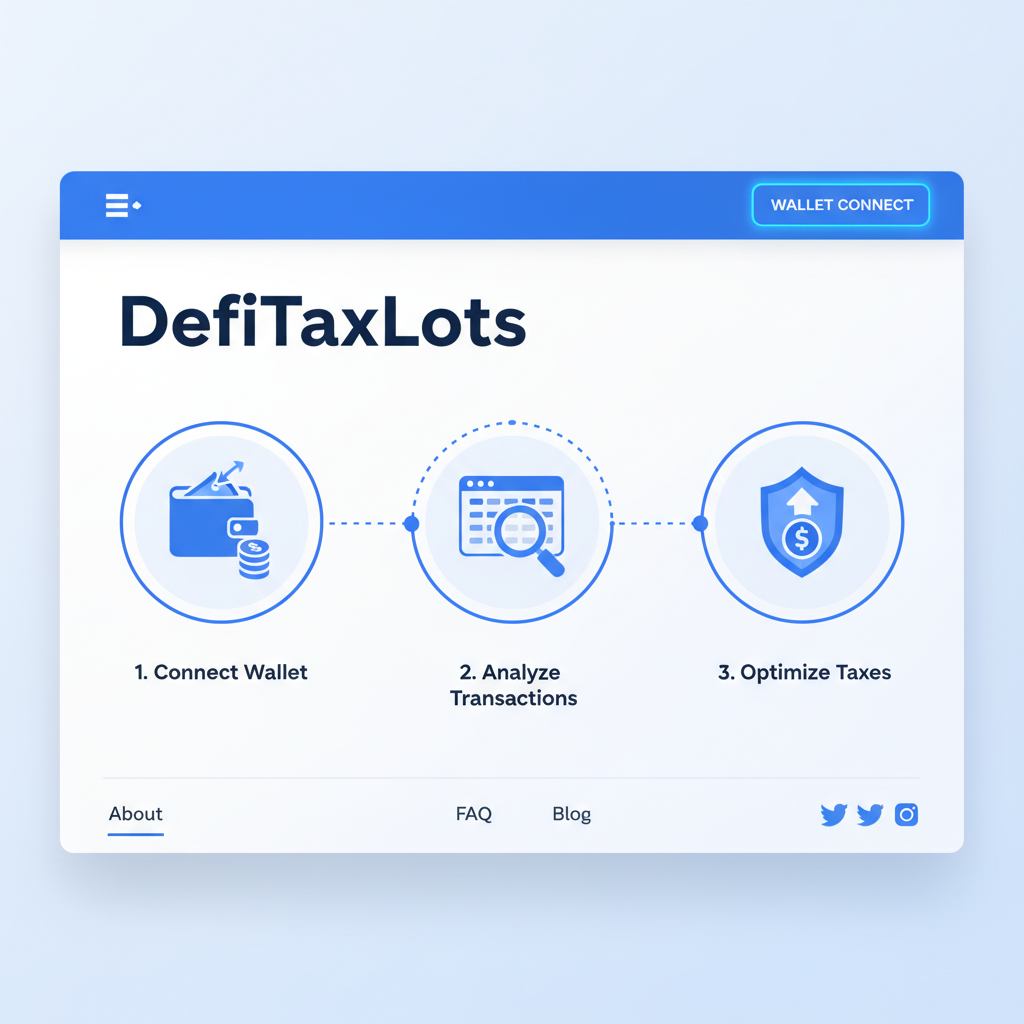 clean screenshot of DefiTaxLots homepage with wallet connect button highlighted, modern DeFi UI, blue tones