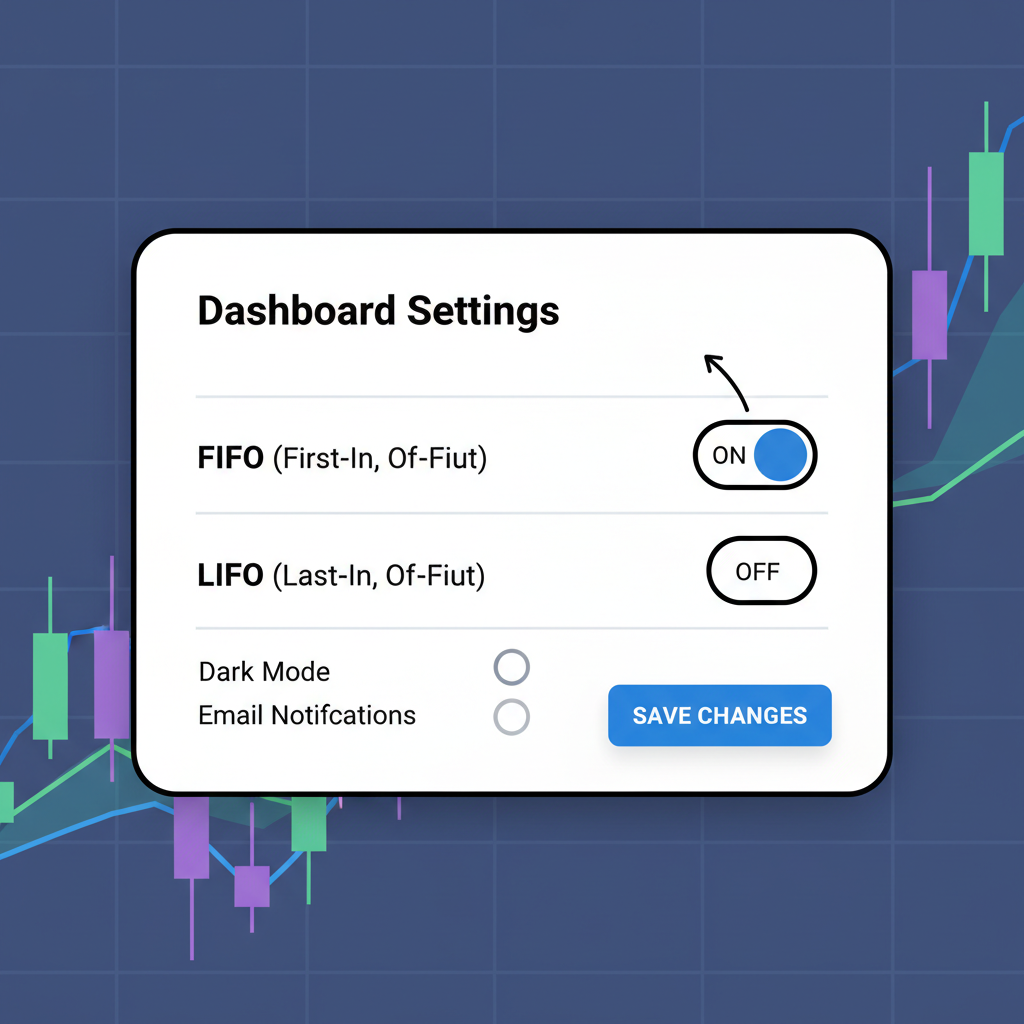 DefiTaxLots dashboard settings panel showing FIFO LIFO toggle switches, crypto charts background