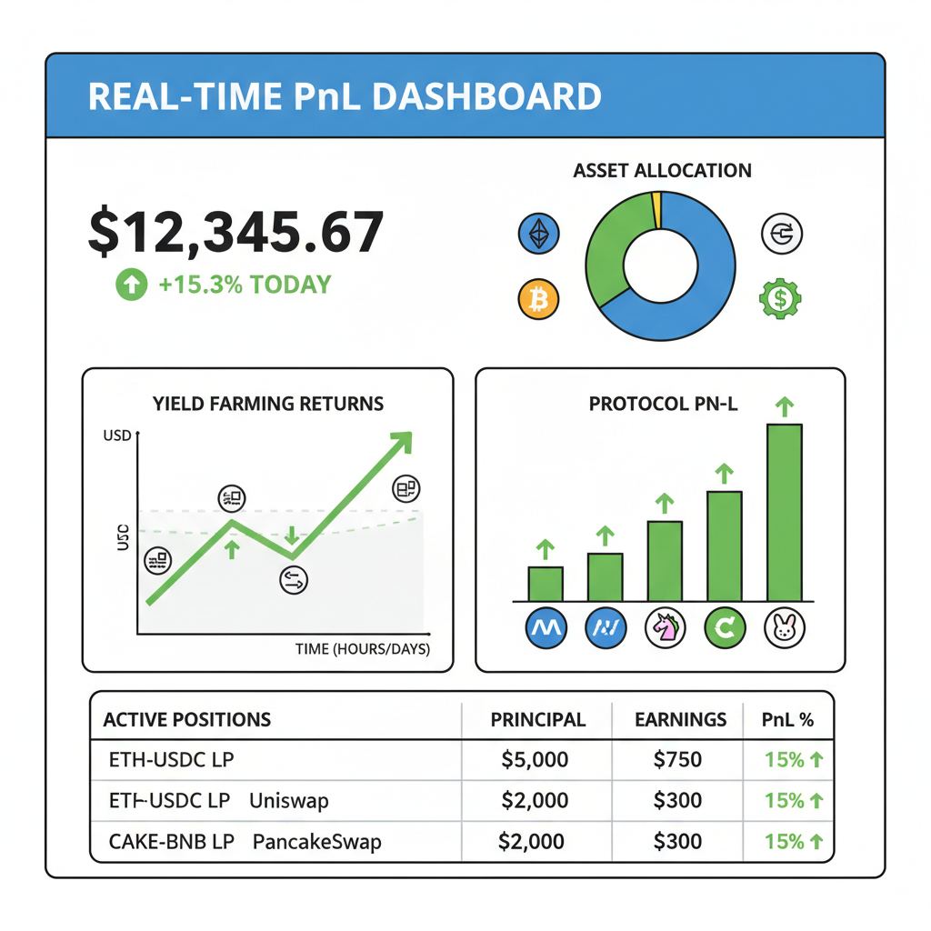 real-time PnL dashboard on DefiTaxLots with yield farming charts, green upward arrows, DeFi icons