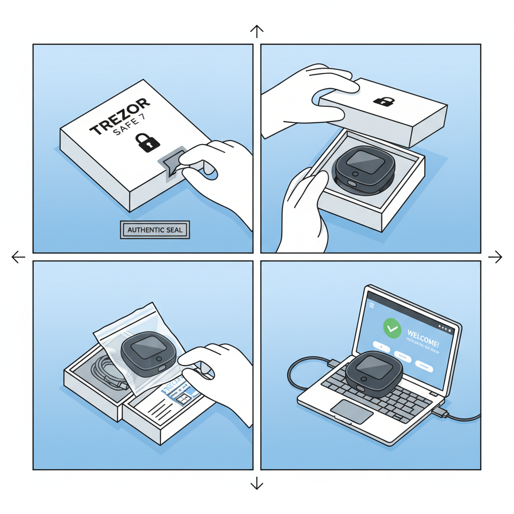 clean unboxing of modern Trezor Safe 7 hardware wallet, official packaging, secure purchase theme, high-tech minimalist style