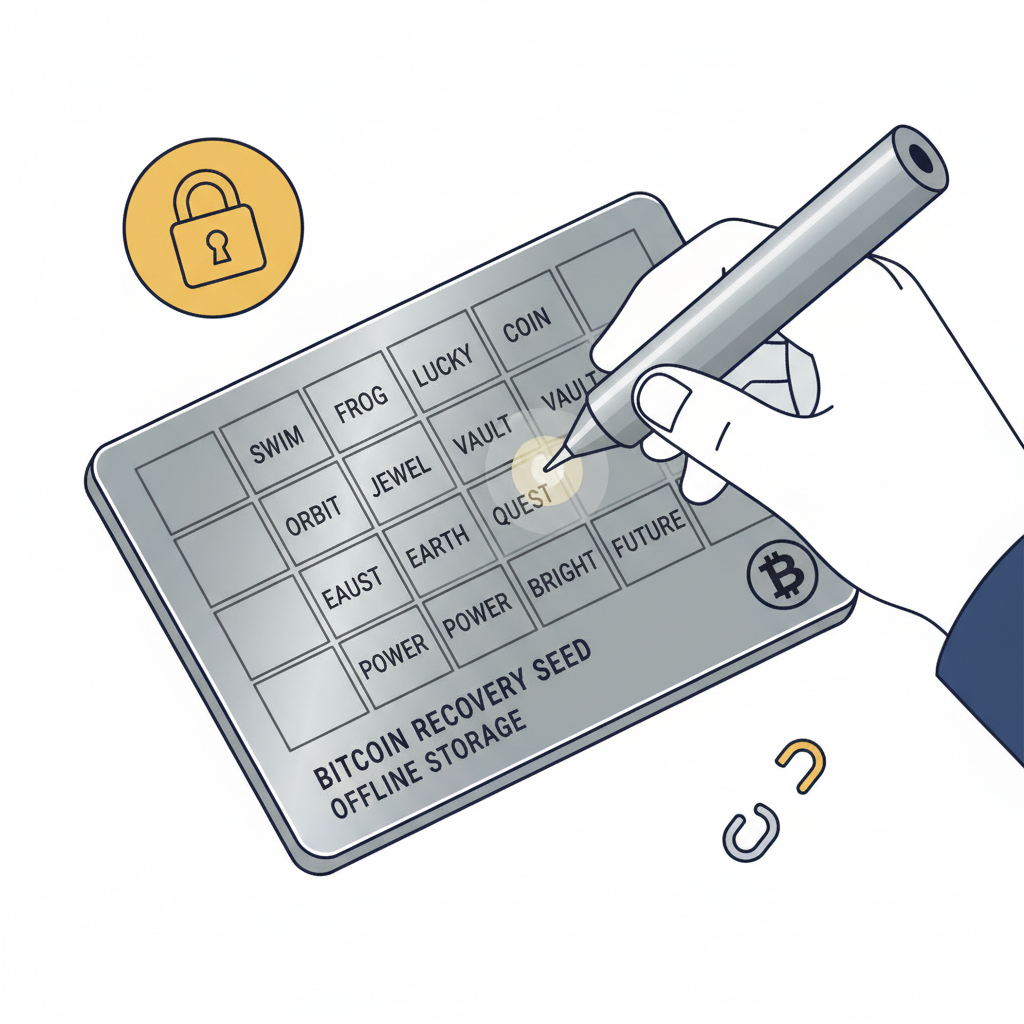 hand writing recovery seed on metal backup card, secure offline storage, Bitcoin self-custody theme, detailed illustration