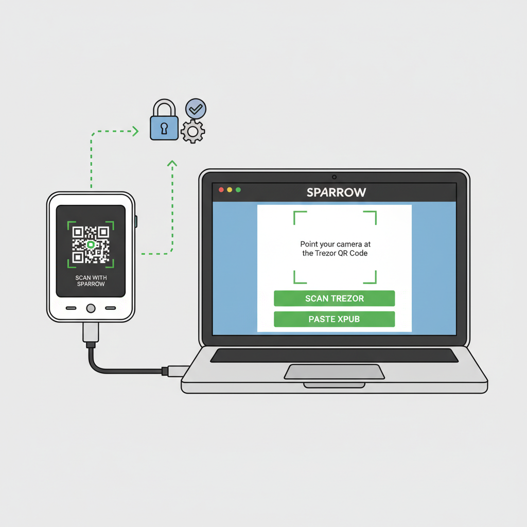 Trezor Safe 7 connected to Sparrow wallet on laptop, QR code integration, seamless hardware-software sync