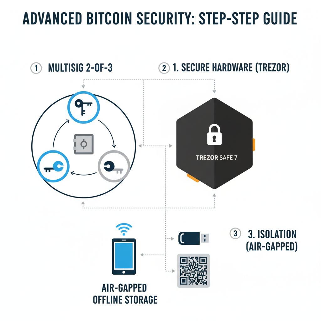 advanced Bitcoin security setup with Trezor Safe 7, multisig diagram, air-gapped storage, professional infographic style