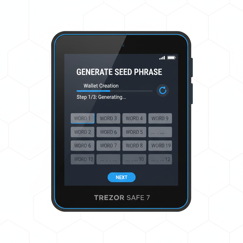 Trezor Safe 7 touchscreen setup, wallet creation interface, generating seed phrase, futuristic hardware wallet