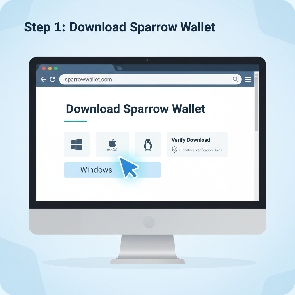 installing Sparrow Bitcoin wallet on desktop computer, open-source software interface, clean modern UI