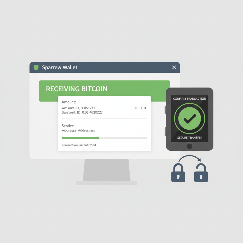 receiving Bitcoin transaction on Sparrow with Trezor confirmation screen, green checkmark, secure transfer illustration