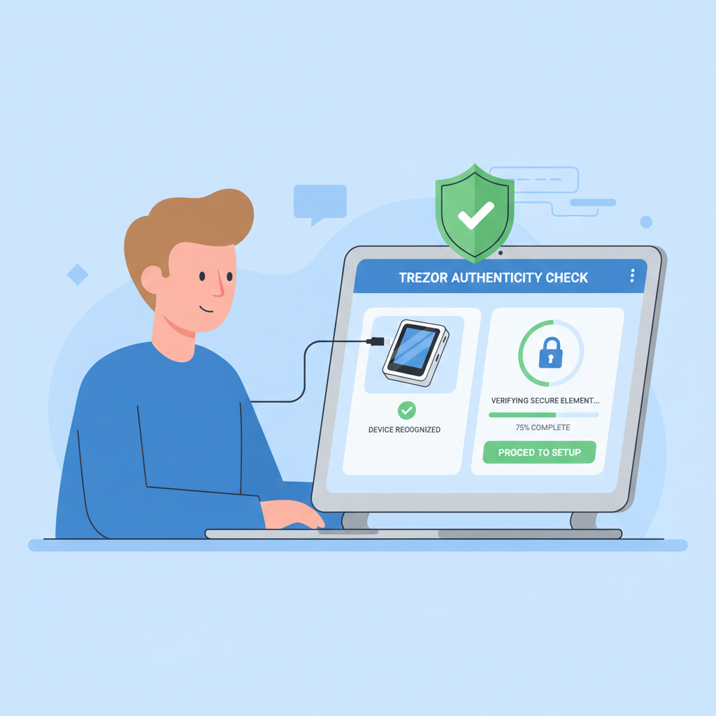 person verifying Trezor Safe 7 with laptop, authenticity check interface, secure verification process, tech illustration