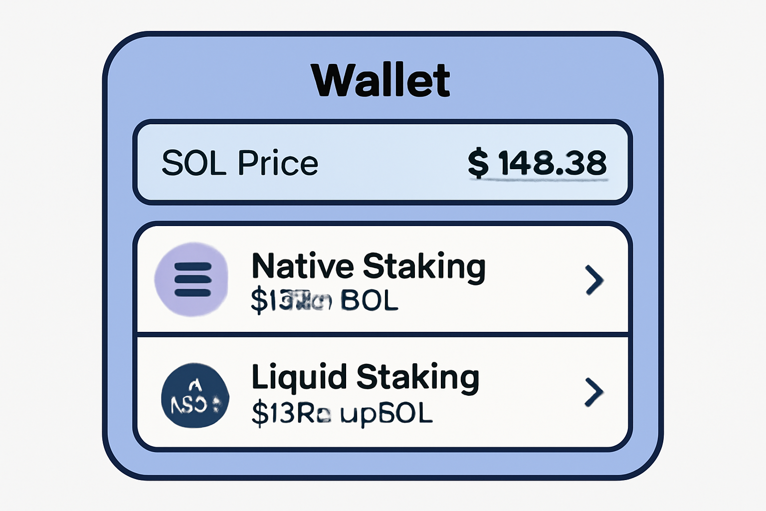 A wallet interface showing staking options: native SOL staking and liquid staking with bpSOL, with SOL price ($148.38) displayed.