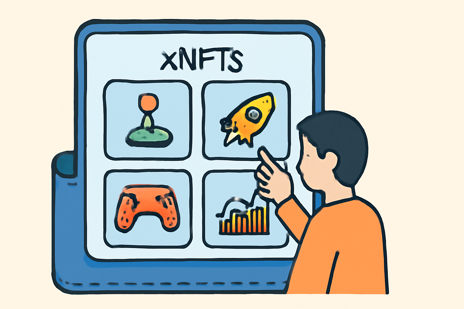 A digital wallet displaying interactive xNFTs, with icons for games and DeFi apps, and a user engaging with them inside the wallet interface.