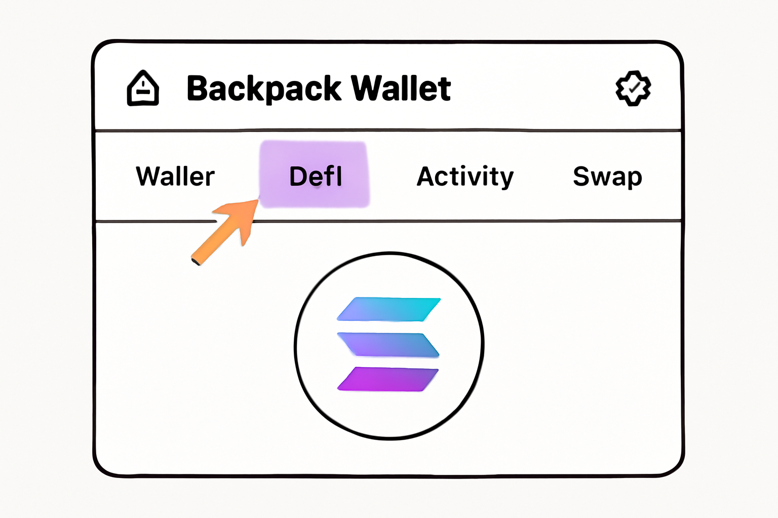 A user interface screenshot of Backpack Wallet open on a desktop or mobile device, highlighting the 'DeFi' tab in the navigation menu, with a Solana logo visible.