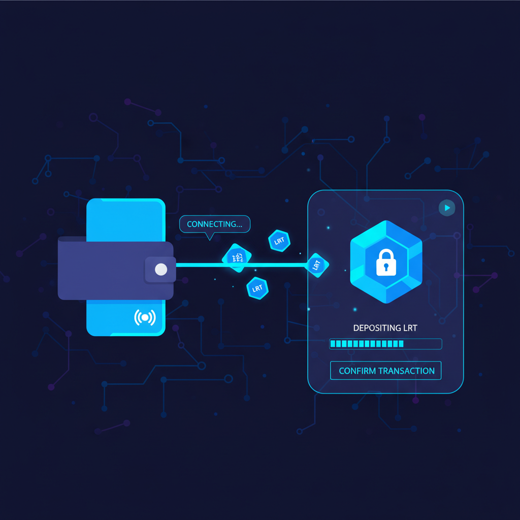 wallet connecting to crypto vault depositing LRT tokens, neon blue glow, futuristic UI