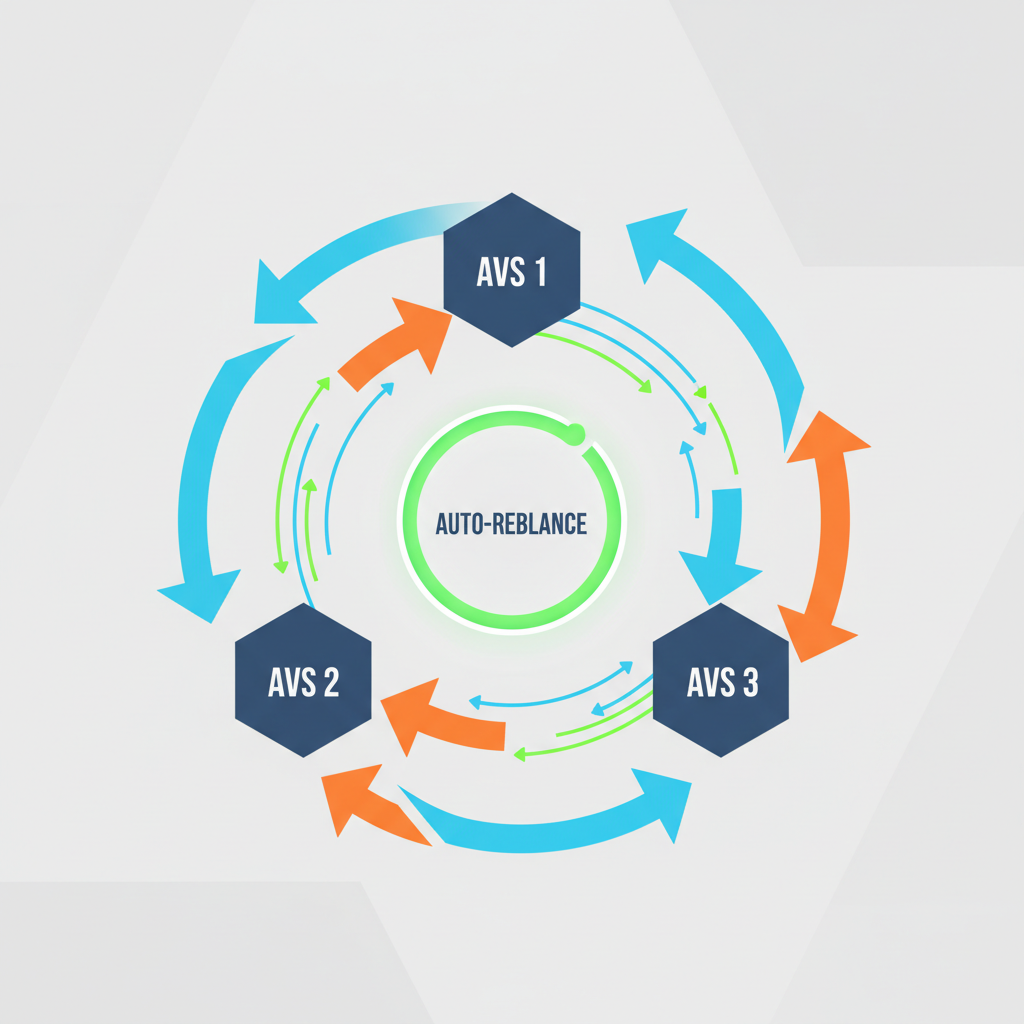 auto-rebalance button activating, arrows rotating between AVS nodes, dynamic flow animation