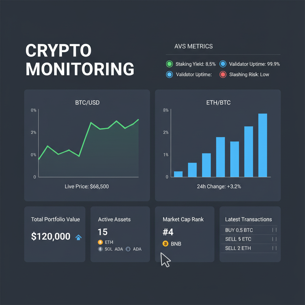 comprehensive crypto monitoring dashboard with AVS metrics, live charts, dark mode professional